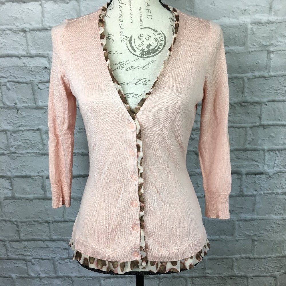 New York & Co Pink Cardigan-Chiffon Leopard Trim